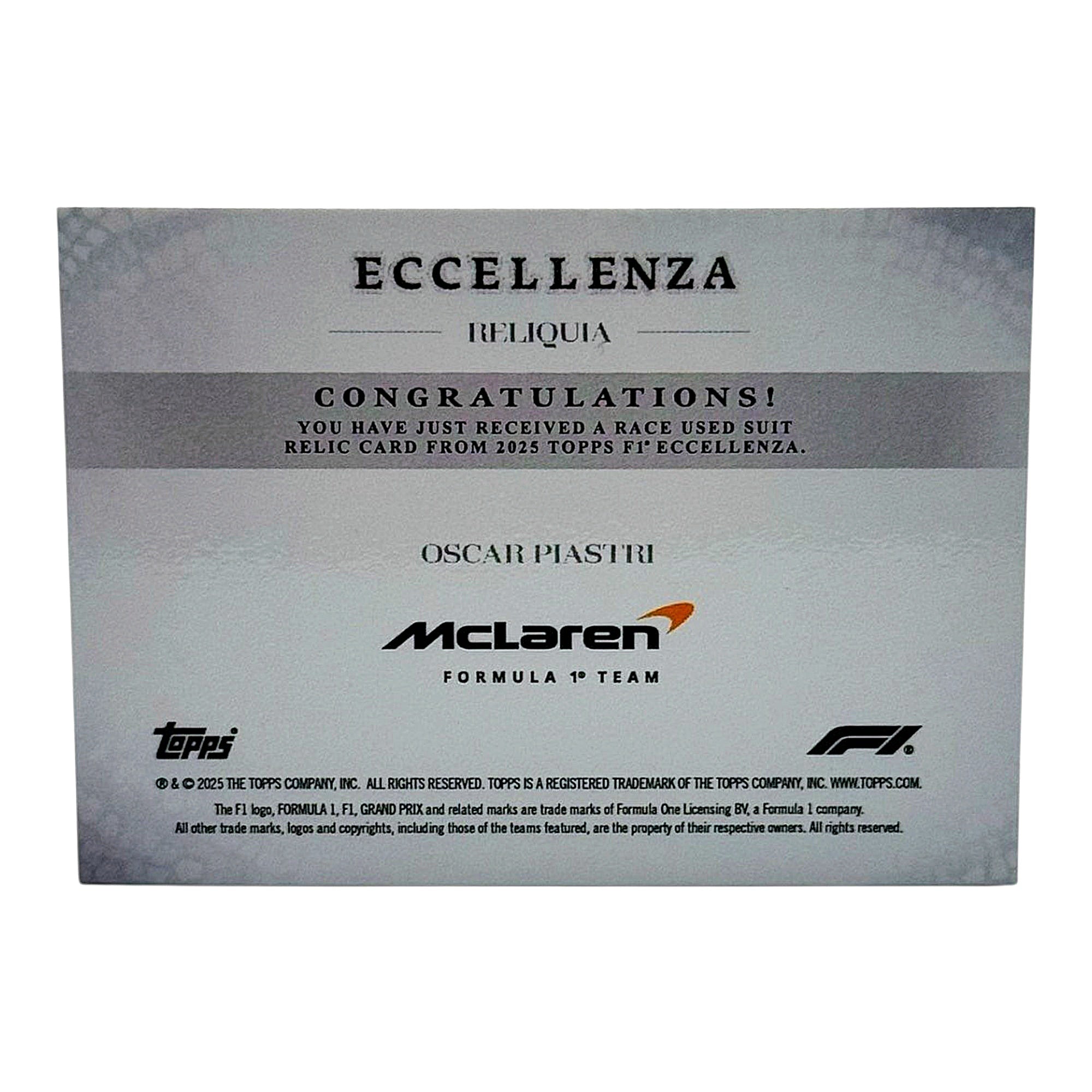 Oscar Piastri Topps F1 Eccellenza Race Used Suit Relic 2025 McLaren