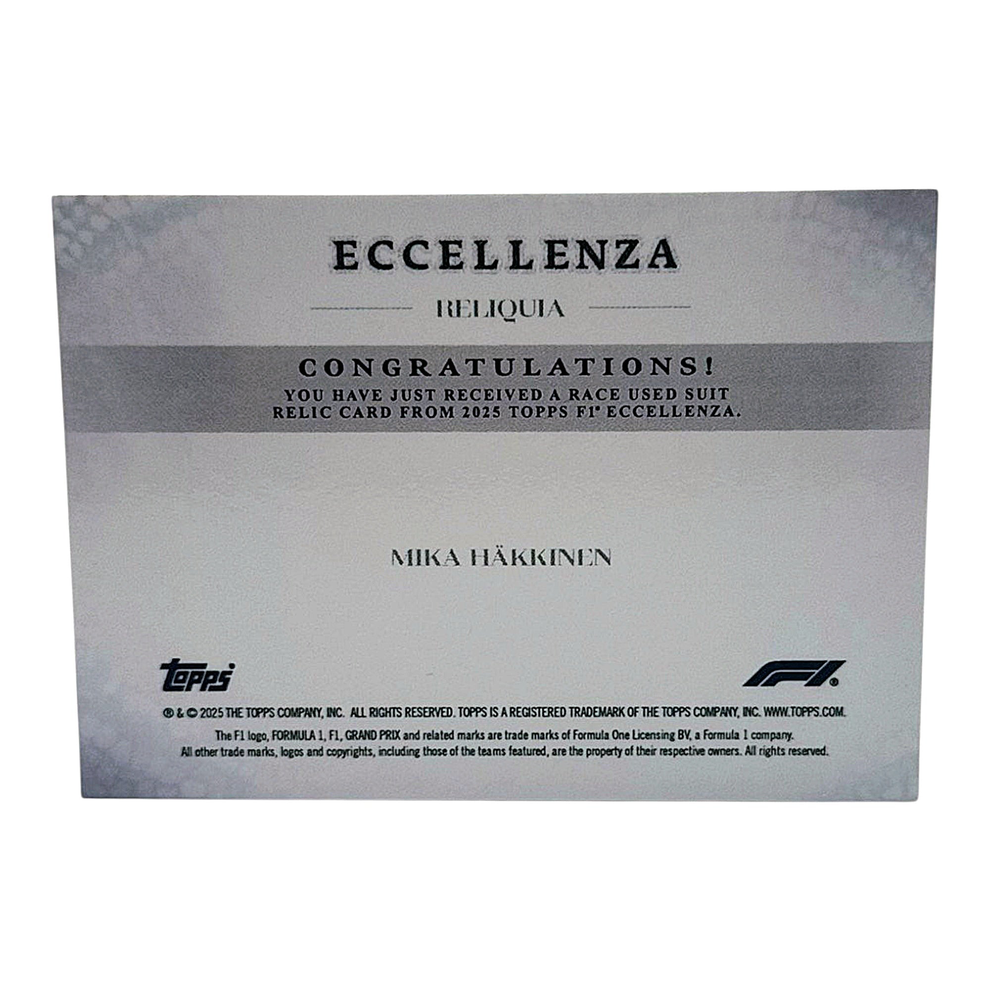 Mika Häkkinen Topps Eccellenza Formel 1 Memorabilia Patch Karte 85/99 limitiert