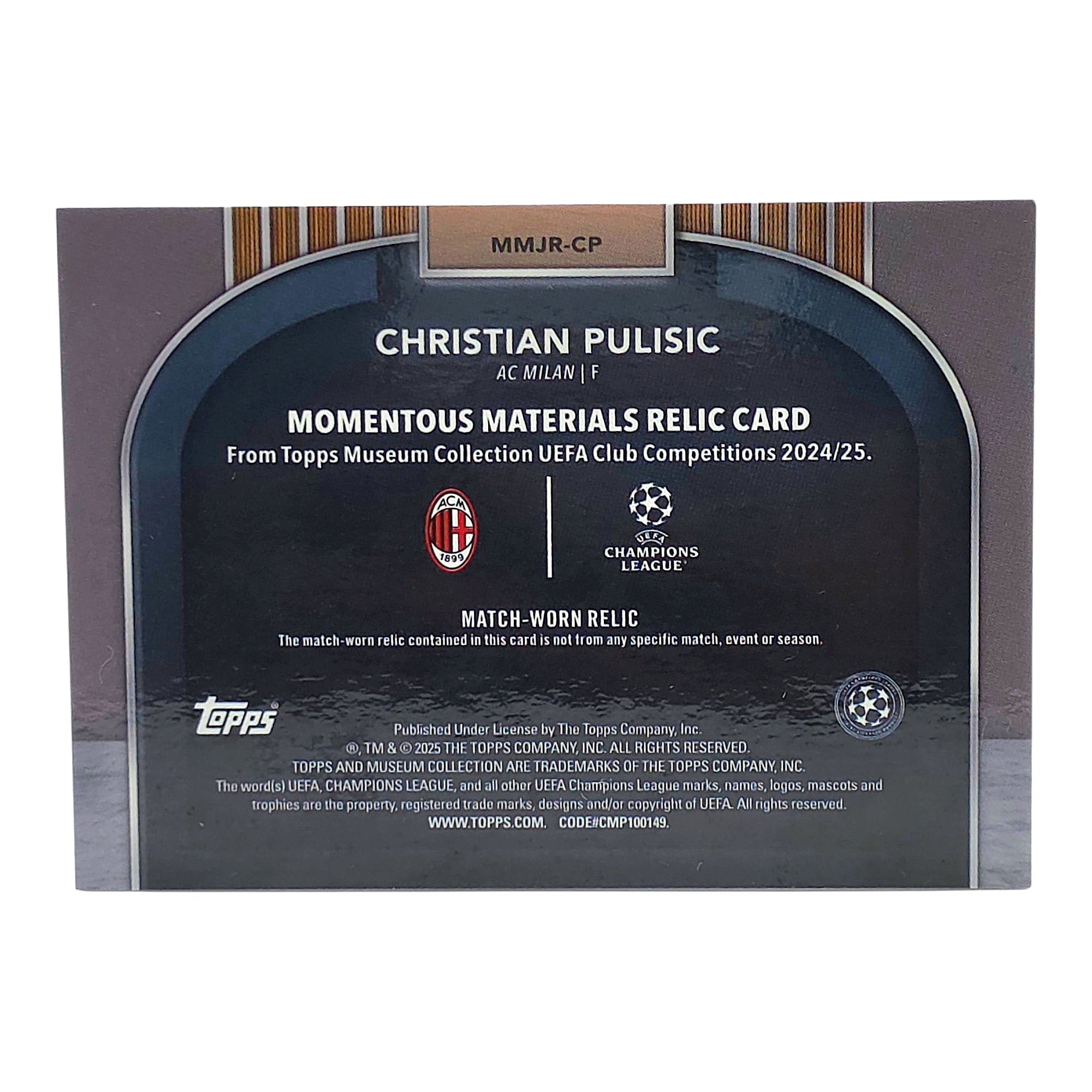 Christian Pulisic Match-Worn Relic Card /75 Topps Museum Collection Rückseite