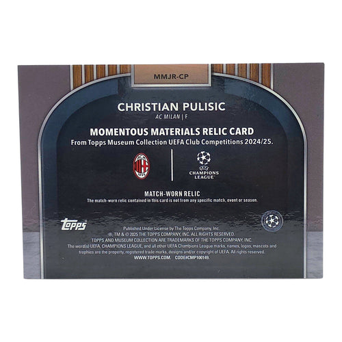 Christian Pulisic Match-Worn Relic Card /75 Topps Museum Collection Rückseite