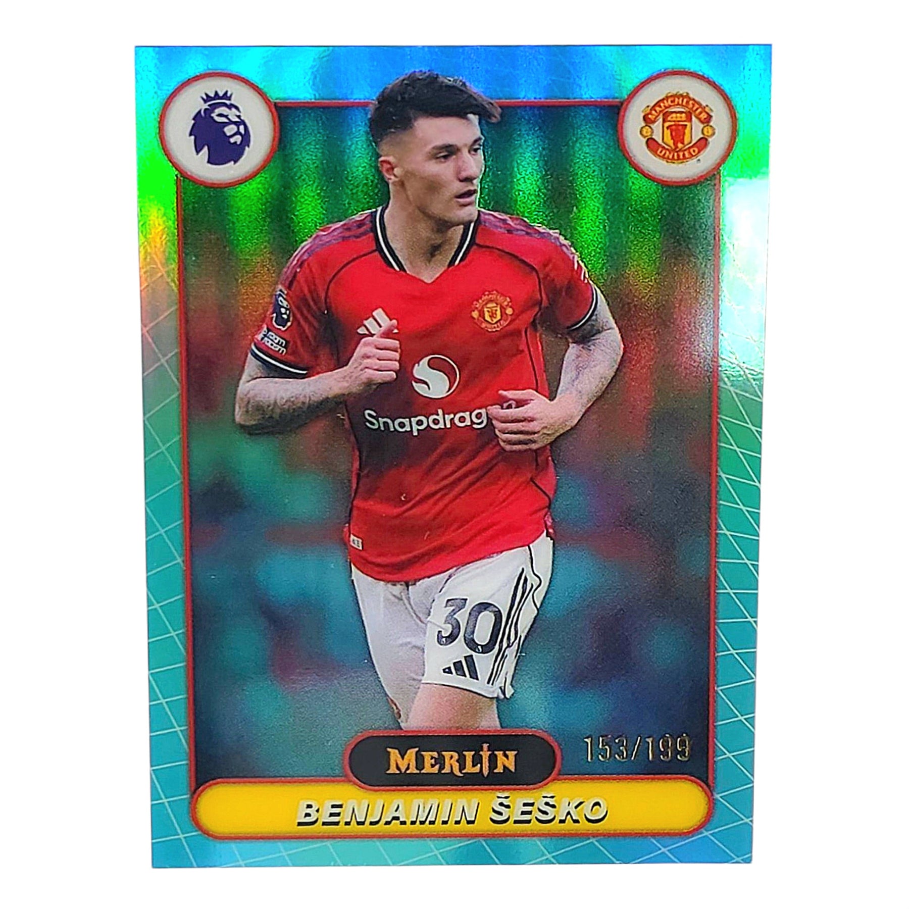 Benjamin Šeško 2026 Topps Merlin Premier League Aqua Refractor Parallel 153/199