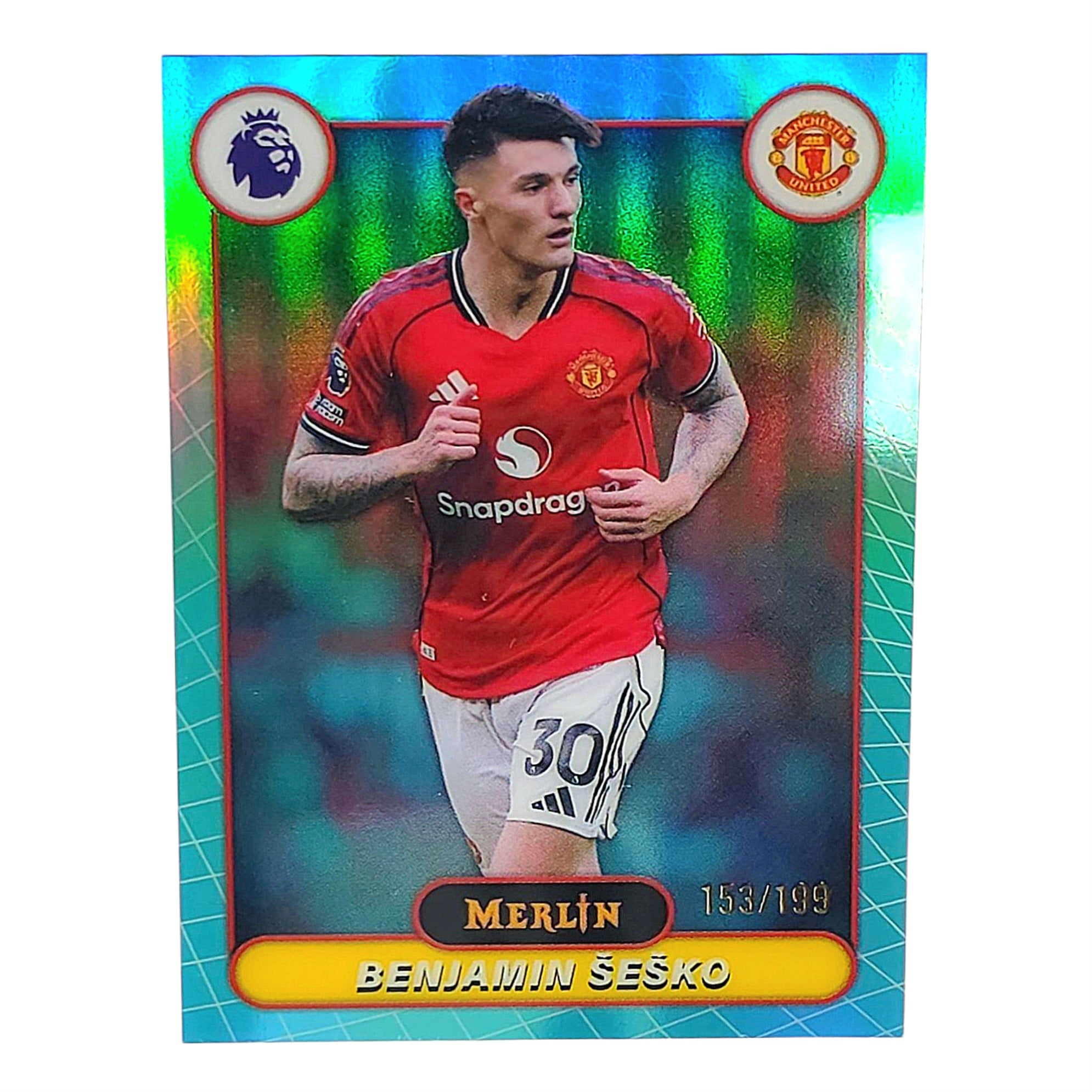 Benjamin Šeško 2026 Topps Merlin Premier League Aqua Refractor Parallel 153/199