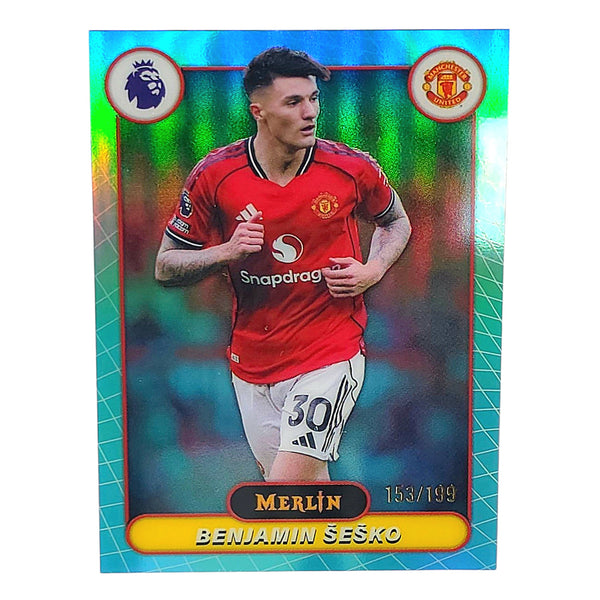 Benjamin Šeško 2026 Topps Merlin Premier League Aqua Refractor Parallel 153/199