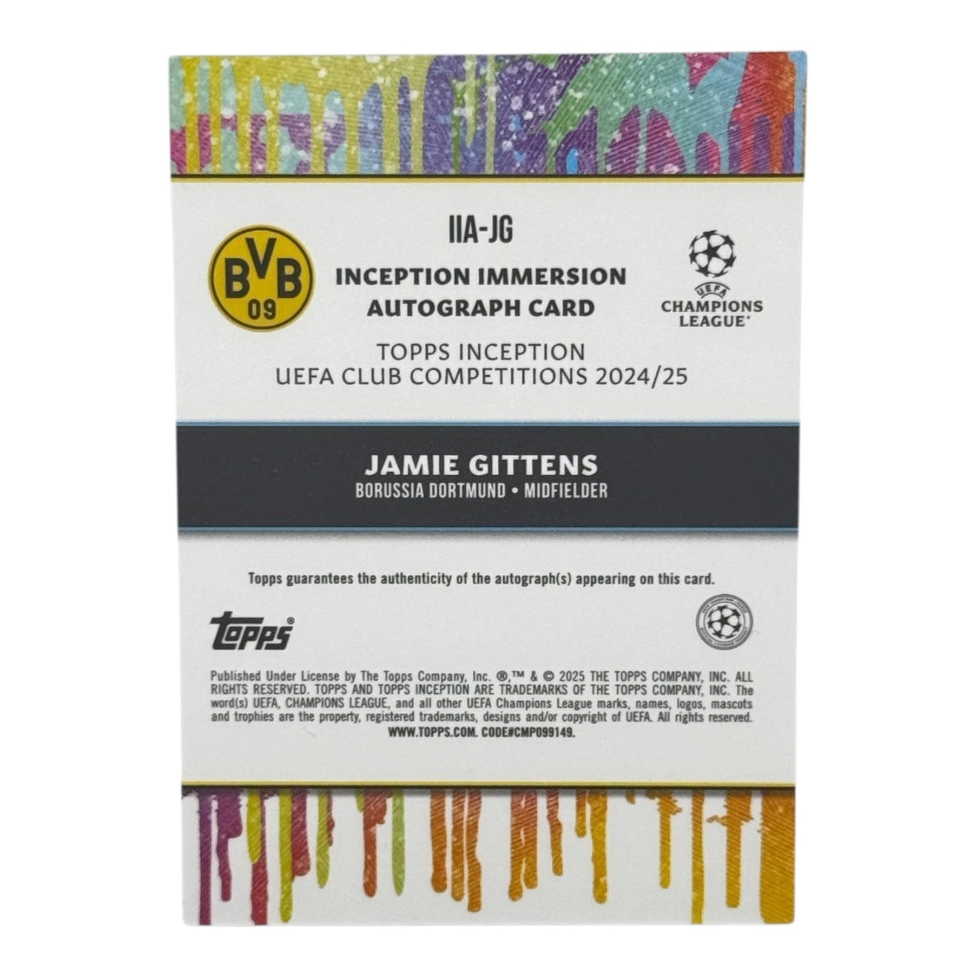 Rückseite der Jamie Gittens Topps Inception Autogrammkarte mit offiziellen Lizenz-Details