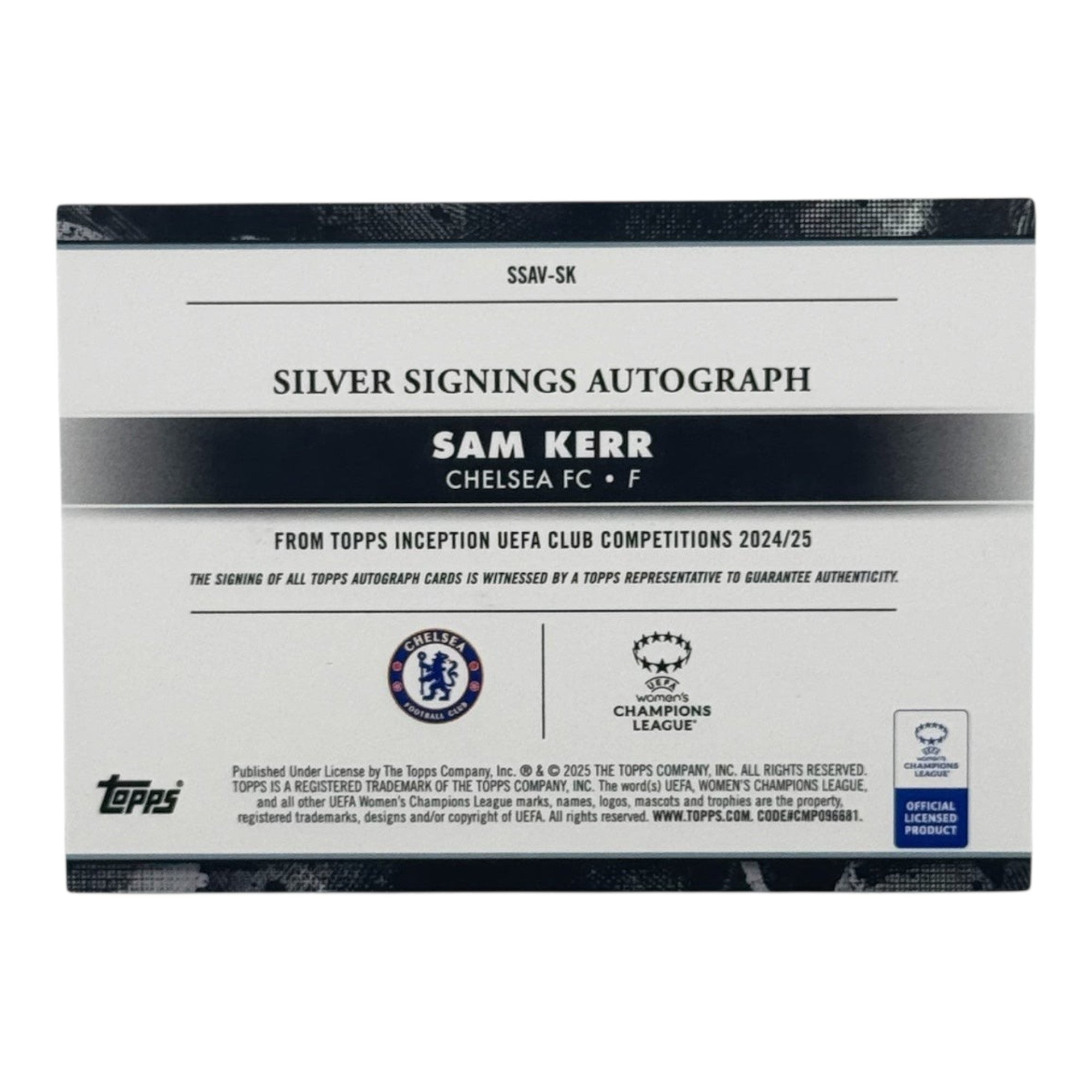 Sam Kerr Autogrammkarte 21/25 Nummerierung und Kartenrückseite Topps Inception 2024/25